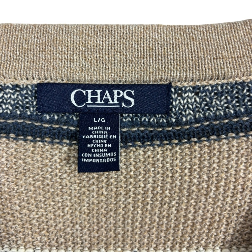 Chaps Western Sweater Blue Tan Pullover Striped Neckline Crisscross Tie Size L - Picture 7 of 8